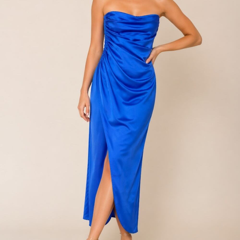 Lulus Elegant Status Cobalt Blue Strapless Tulip Midi Dress Large NWT